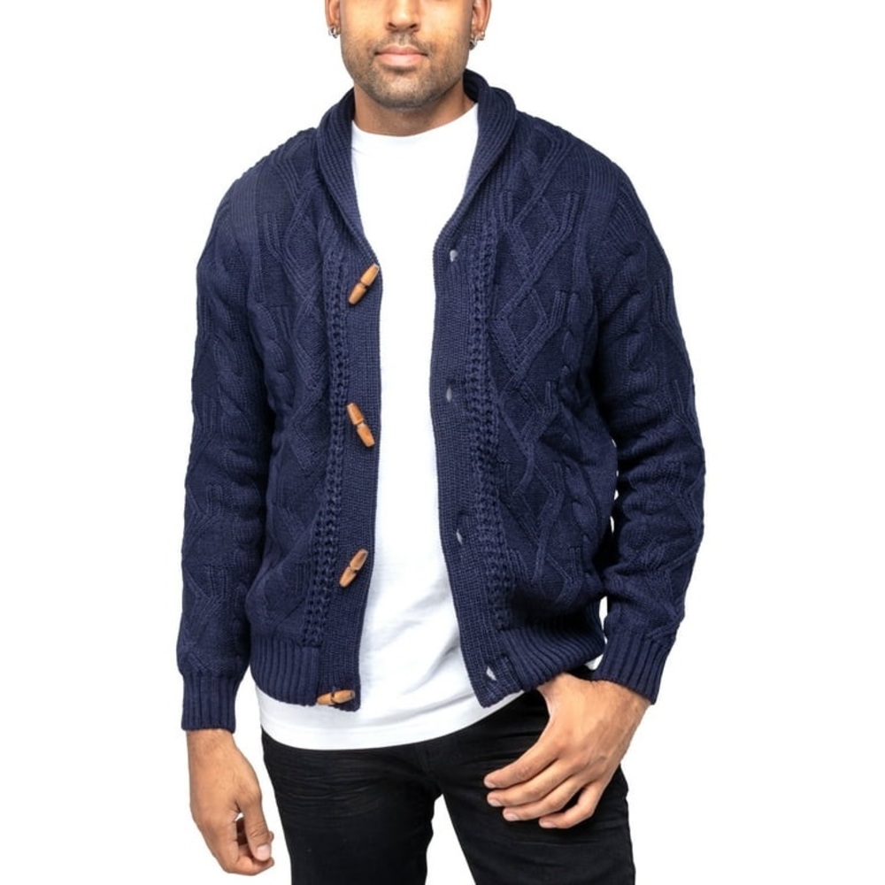 XRAY JEANS Mens Faux Shearling Shawl Collar Cable Knit Cardigan Sweater, Navy, L